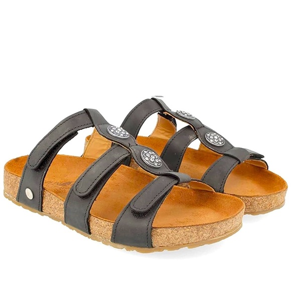 Haflinger Bio Alice Black Cork Leather Slip On Open Toe Sandal Women’s Size 10 - Picture 1 of 15